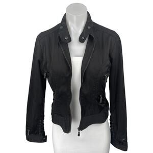 Nikibiki Women's Black Zip Up High Neck Lace Up Back Moto Biker Bomber Jacket M